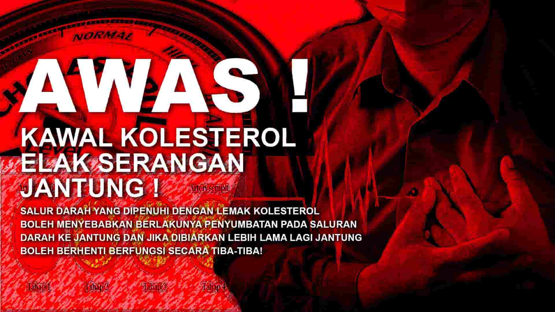 Inflammatory warning about high cholesterol and heart attack risks, emphasizing blood flow and cholesterol levels.