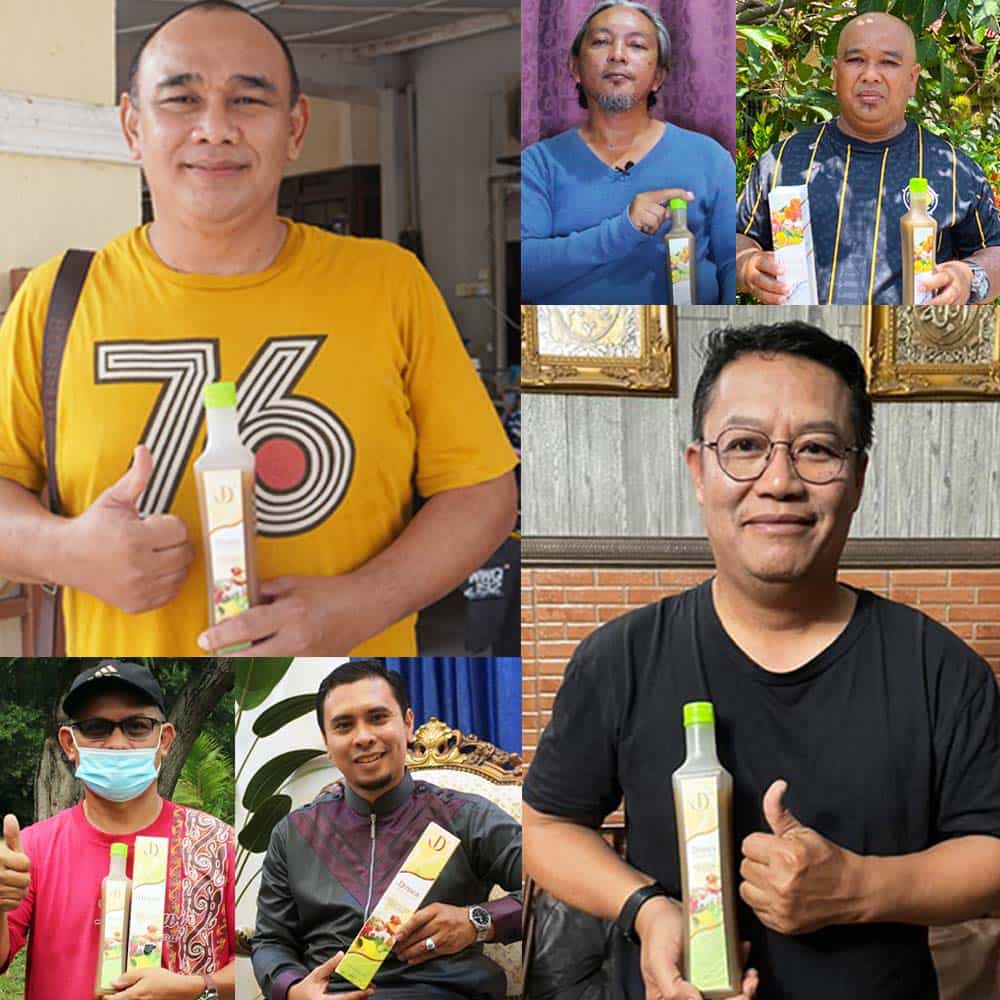 Dinarasli product promotion with happy customers holding herbal extract bottles at various locations.