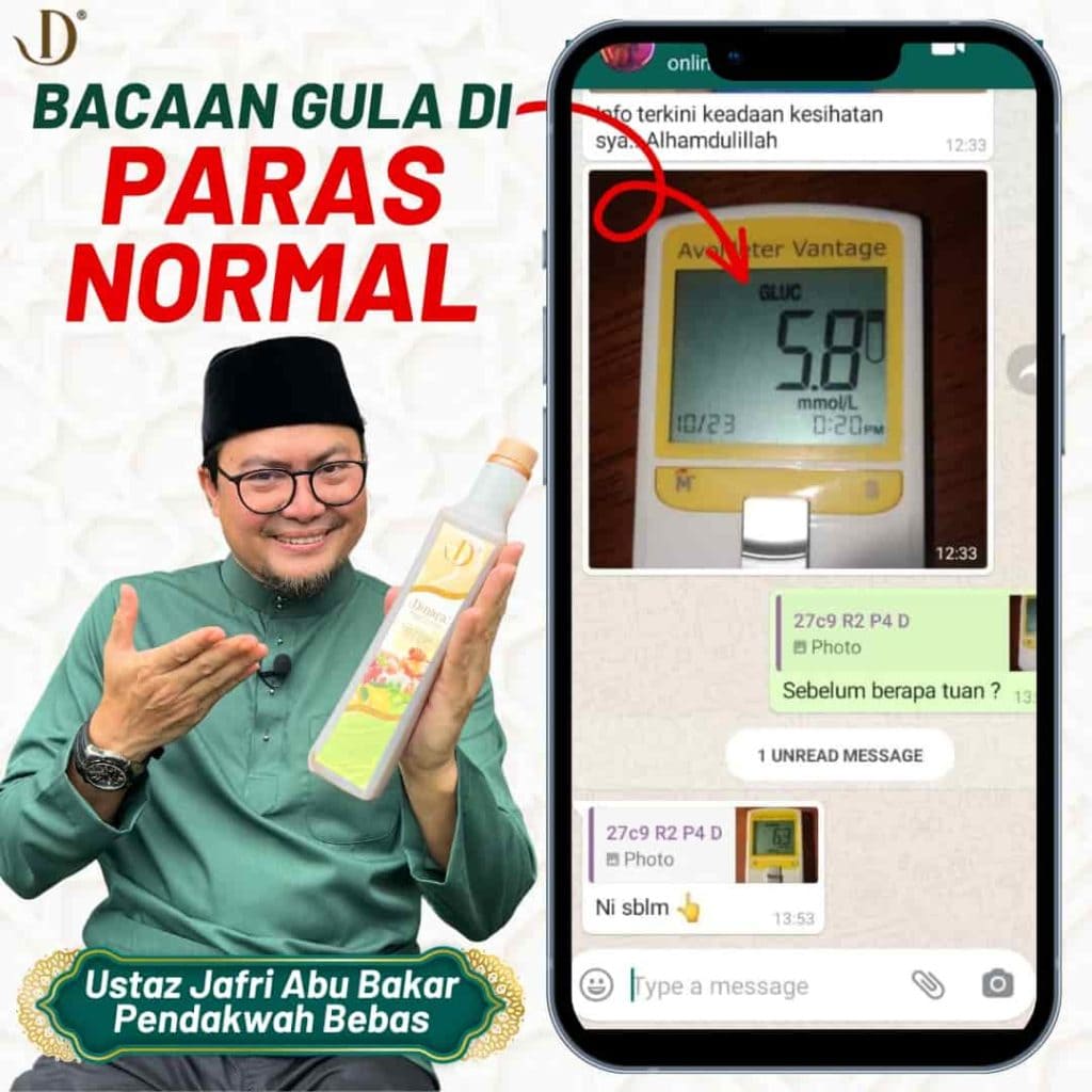 Alternative text: Man holding Dinara sugar bottle with health benefits, smiling, wearing glasses and a traditional hat.