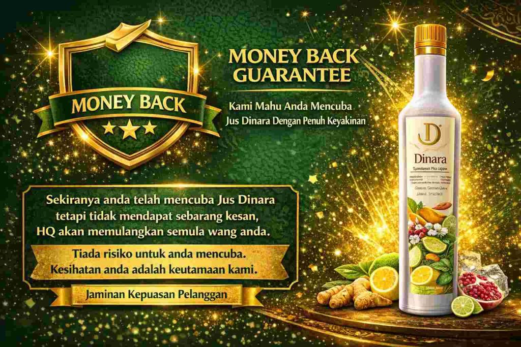 Dinara juice for Raya promotion with health benefits and money-back guarantee.