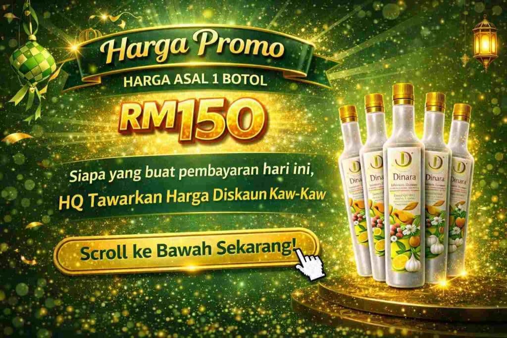 Dinara herbal drink bottles for Raya promotion and discounts.